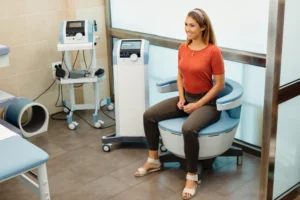 A woman sitting on a chair in a room with a medical device called Emsella.